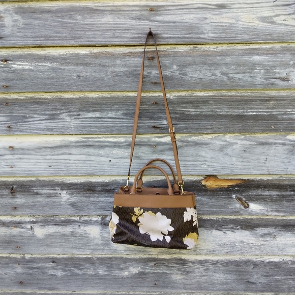 Michael Kors Floral Print Canvas & Leather Tote Satchel w/Brown MK Pattern Haile - Picture 7 of 12